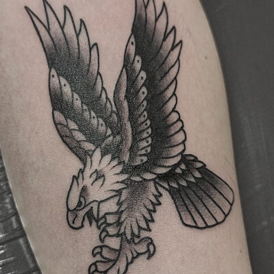 Old School-tatuointi valkopääkotkasta. Tekijänä Bryan Scott. Tatuointi tehty tatuointiliike Leimassa.
