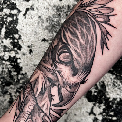 Tatuoija Jolen tekemä haukkatatuointi käsivarressa. Tatuointityyli on blackwork. Tatuointi on tehty tatuointiliike Leimassa.