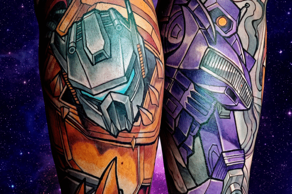 Transformers aiheinen tatuointi, jonka on tehnyt Ilari Musta Leima tatuointiliikkeestä Helsingistä.